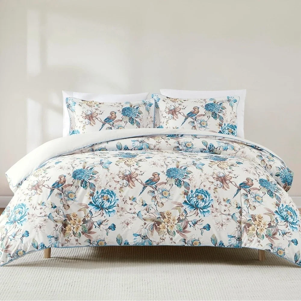 NEW Anthro White Blue Floral Bird Cotton Boho Queen King Bedding Duvet Sham Set - Picture 12 of 14